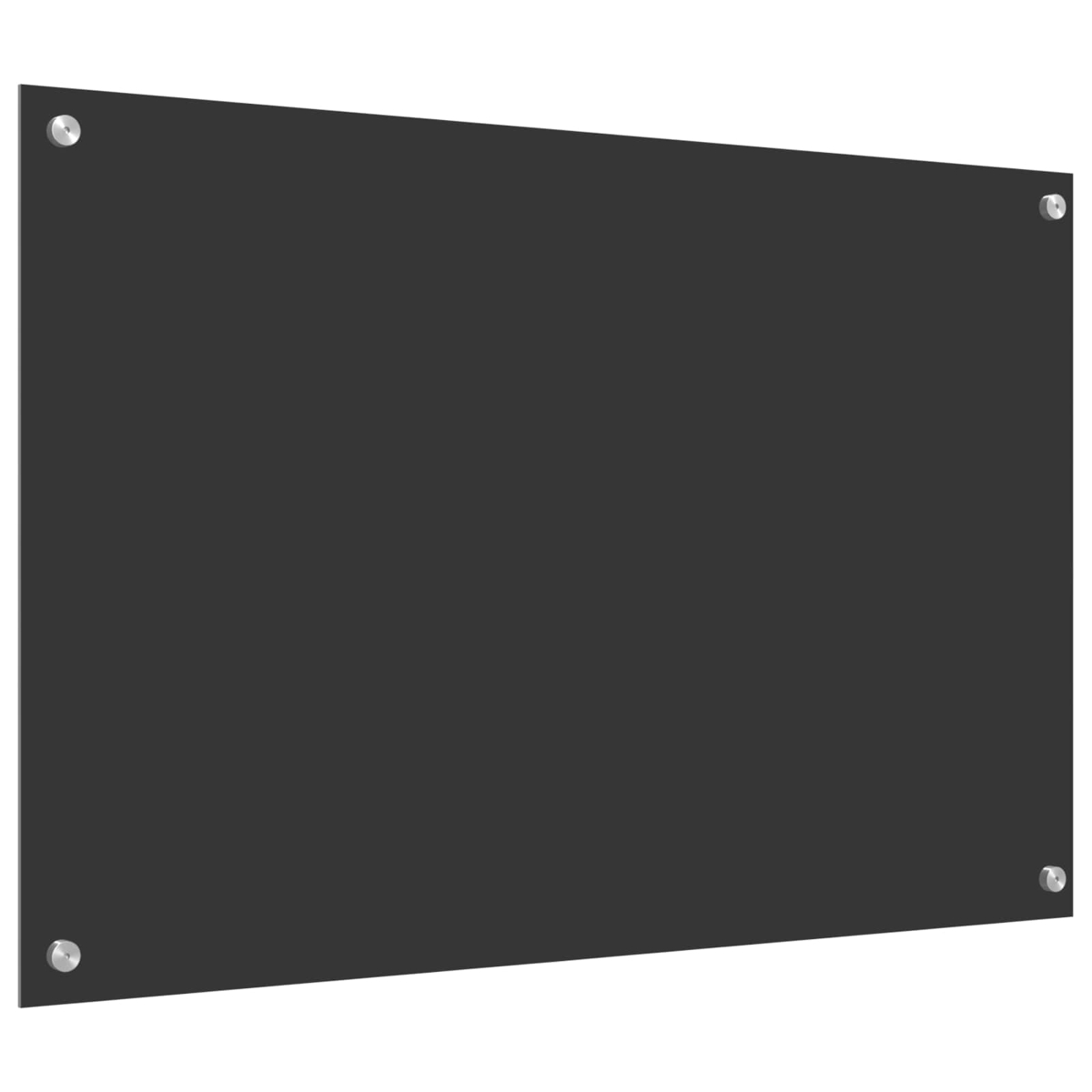 Eine dunkle, rechteckige Platte ist mit vier Schrauben an einer Wand befestigt.
