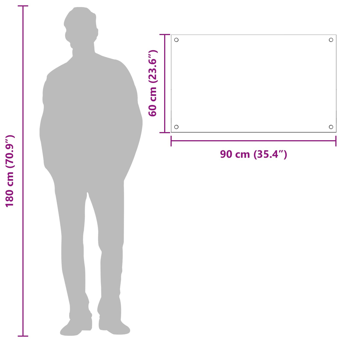 Diagramm zeigt eine 180cm Silhouette neben einem 90x60cm Rechteck.