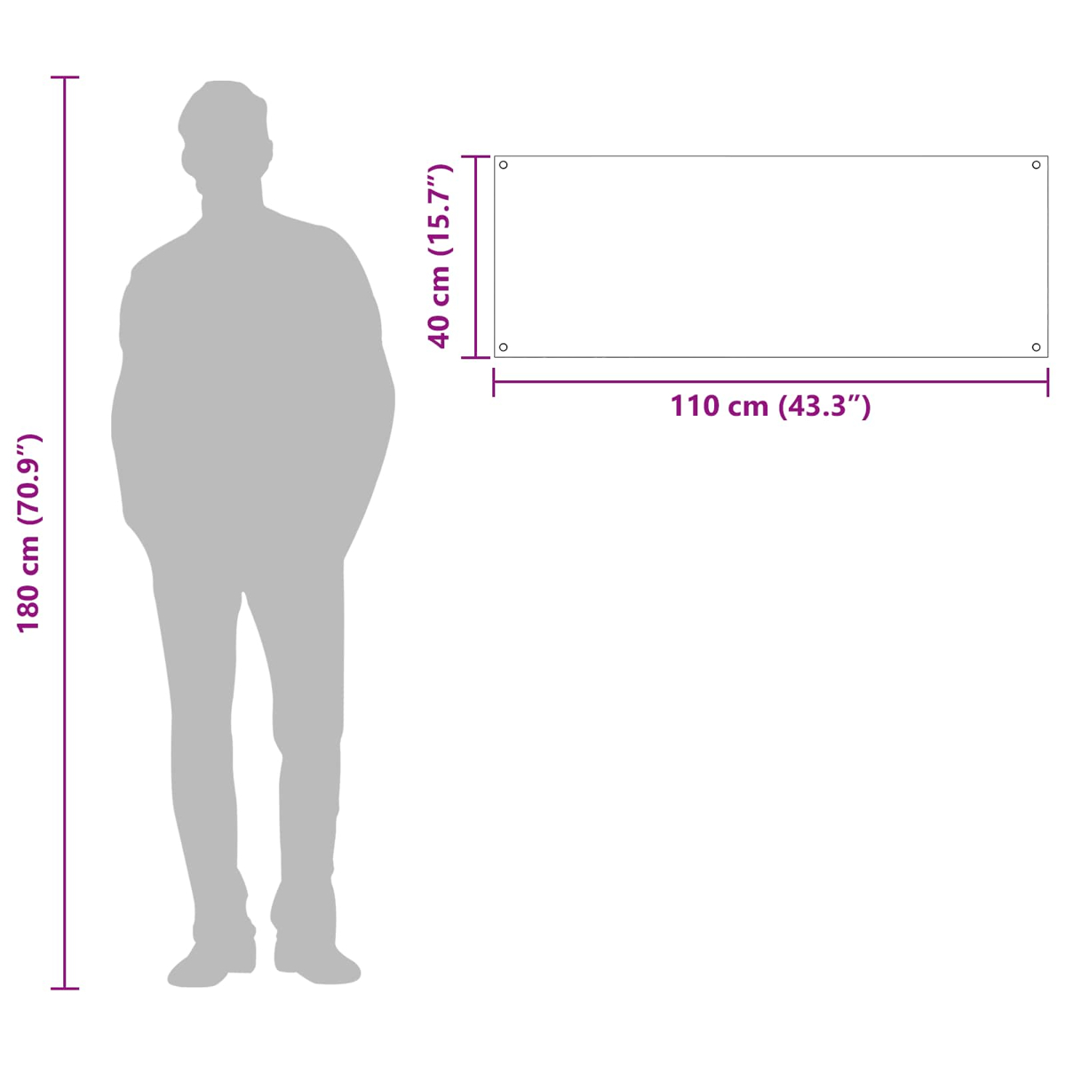 Ein 180 cm großer Mann steht neben einem 110x40 cm großen Rechteck.