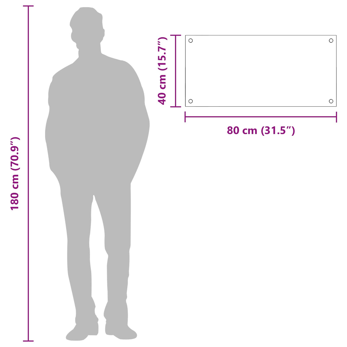 Humano silueta (180 cm) junto a objeto rectangular (80 x 40 cm).