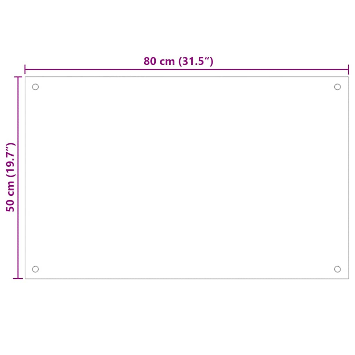 Eine weiße rechteckige Platte mit Maßen 80x50 cm und vier Ecklöchern.