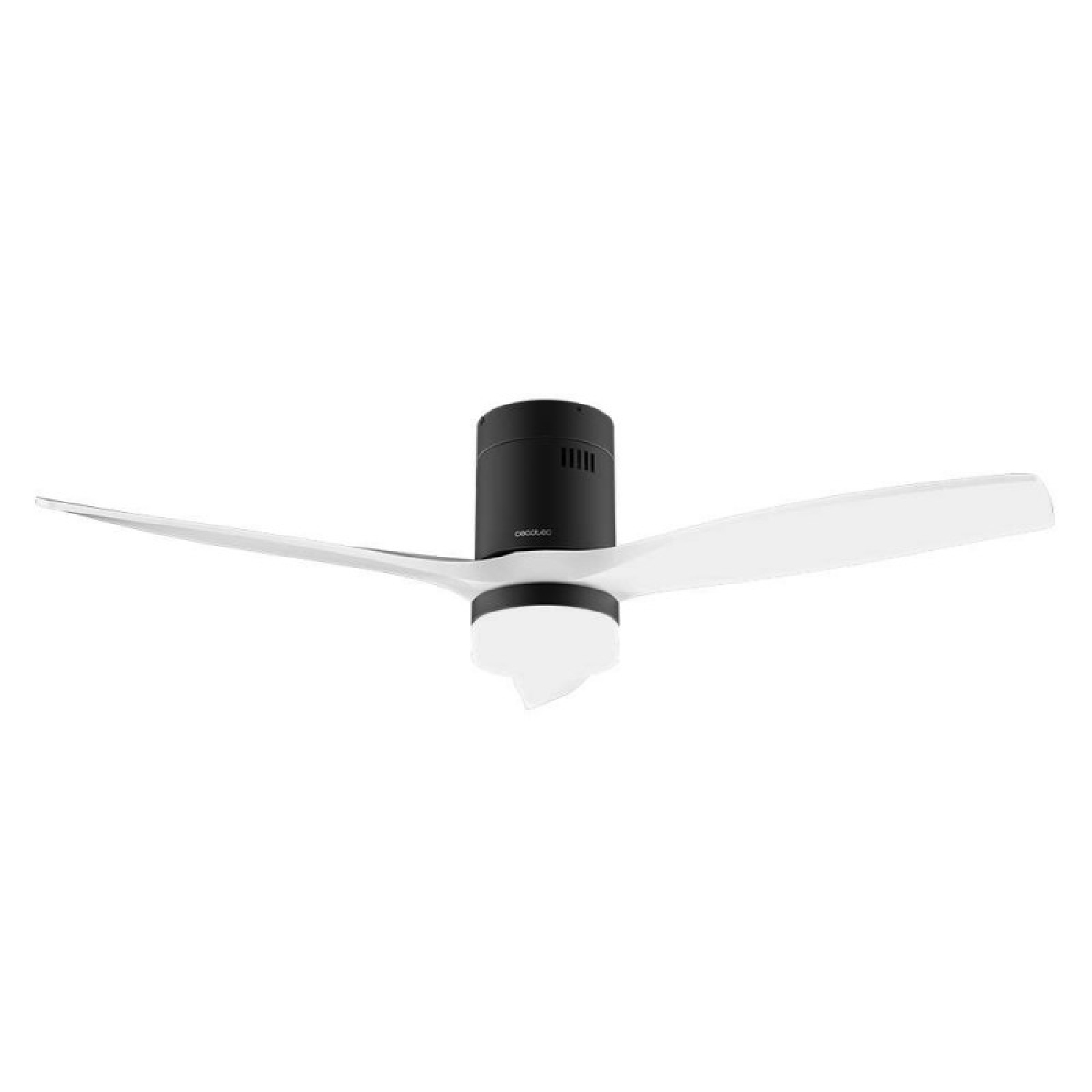 Ventilatore da soffitto moderno con tre pale bianche e alloggiamento nero.
