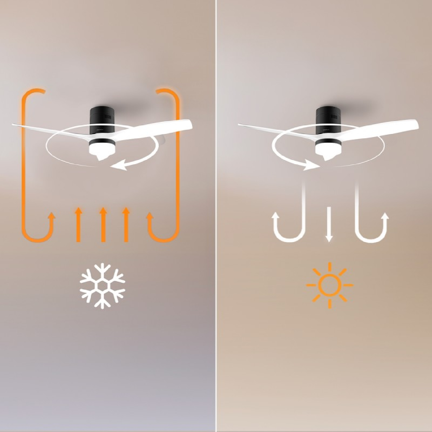Ventilatore da soffitto con simboli per la circolazione dell'aria fredda e calda.