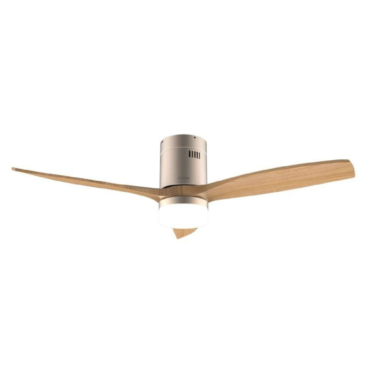Un ventilador de techo moderno con aspas de madera y luz integrada.