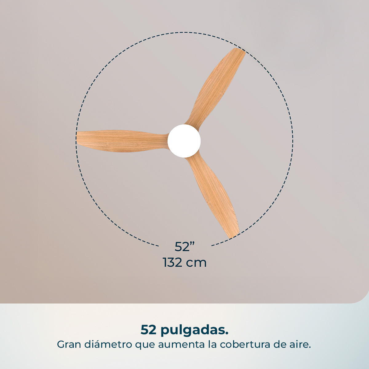 Ventilador de techo con tres aspas de madera, 52 pulgadas/132 cm.