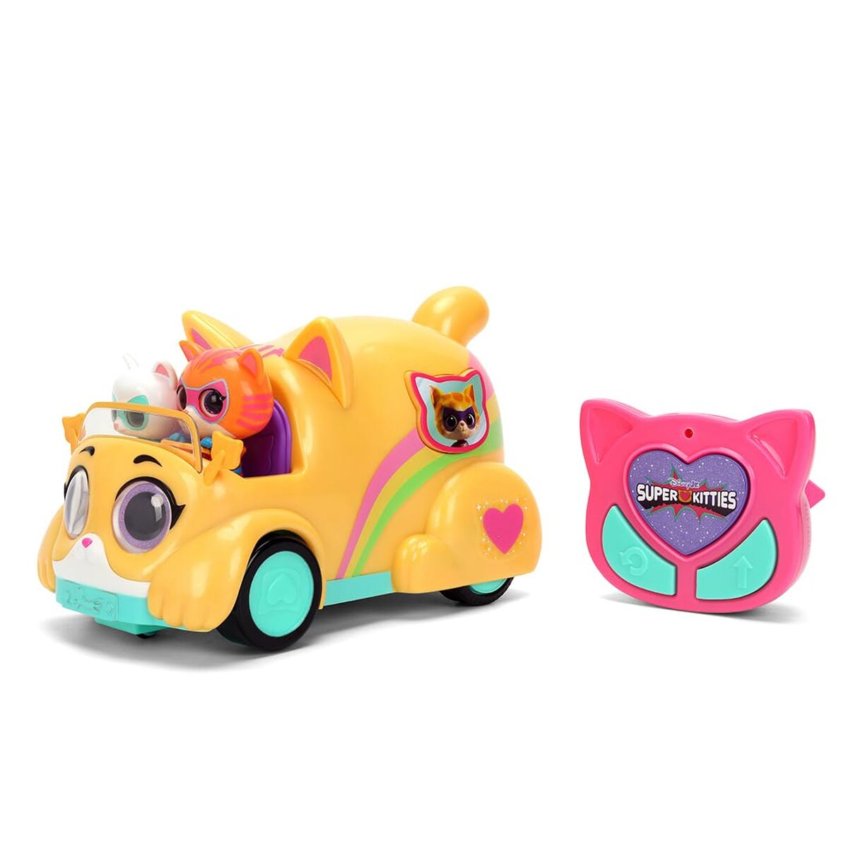 Ein gelbes Katzenspielzeugauto mit Figuren und einer Fernbedienung daneben.