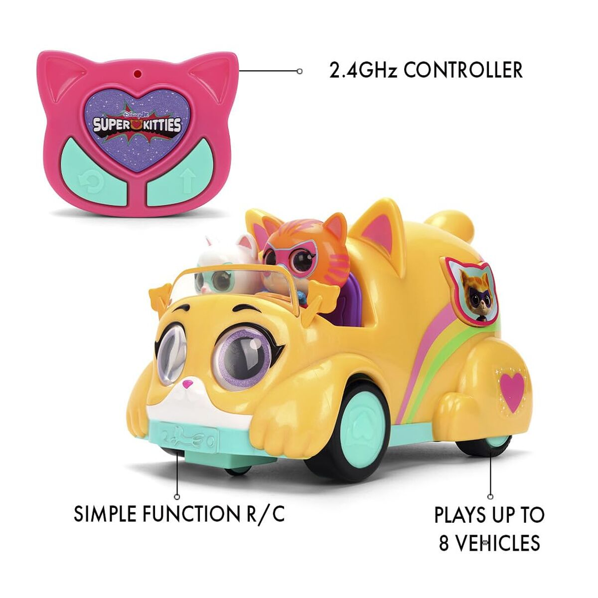 Ein gelbes ferngesteuertes Auto mit Katzenfiguren und Controller.