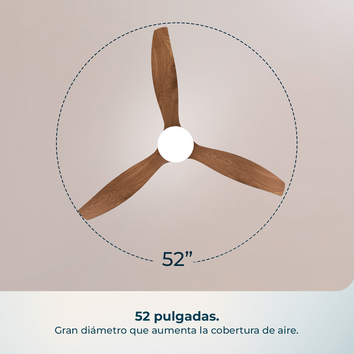 Ventilador de techo de 52 pulgadas con tres aspas de madera. Centro blanco.