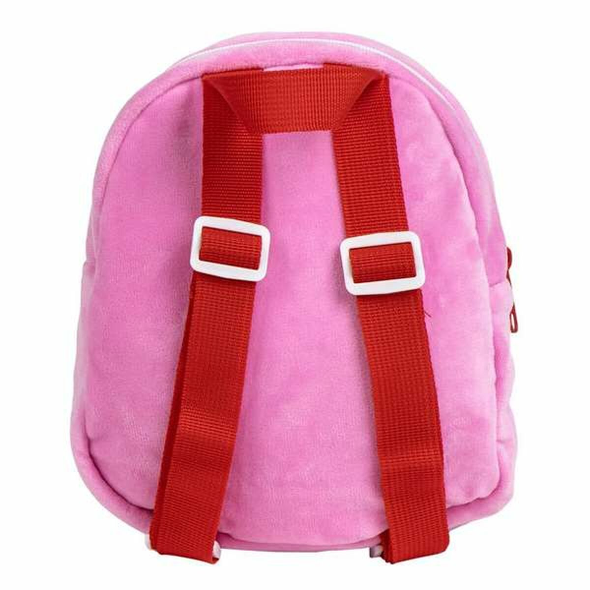 Uno zaino rosa e soffice con spalline rosse e fibbie bianche.