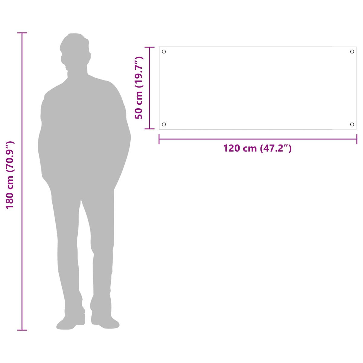 Ein 180 cm großer Mann neben einem 120x50 cm großen Rechteck.