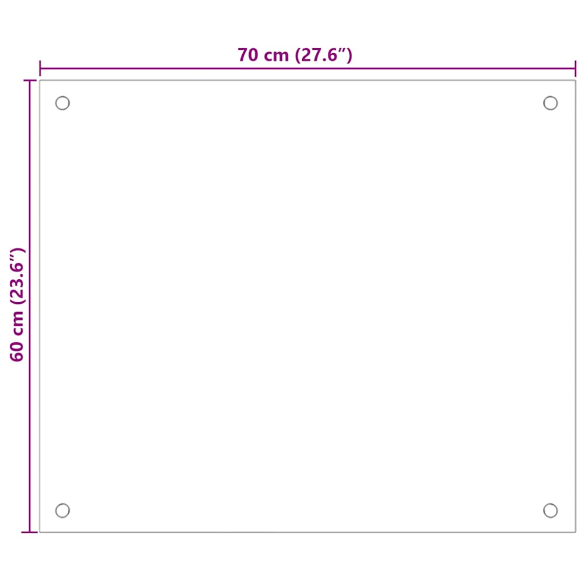 Placa rectangular blanca, 70 x 60 cm, con cuatro agujeros en las esquinas.