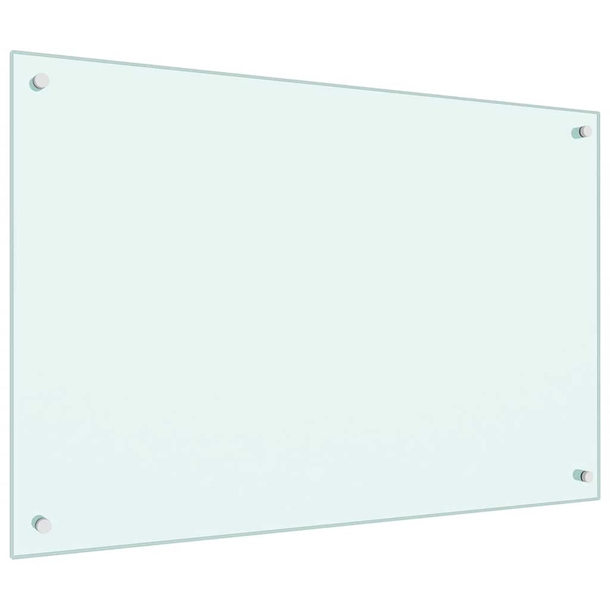 Una pizarra blanca de cristal vacía y transparente con cuatro soportes plateados.