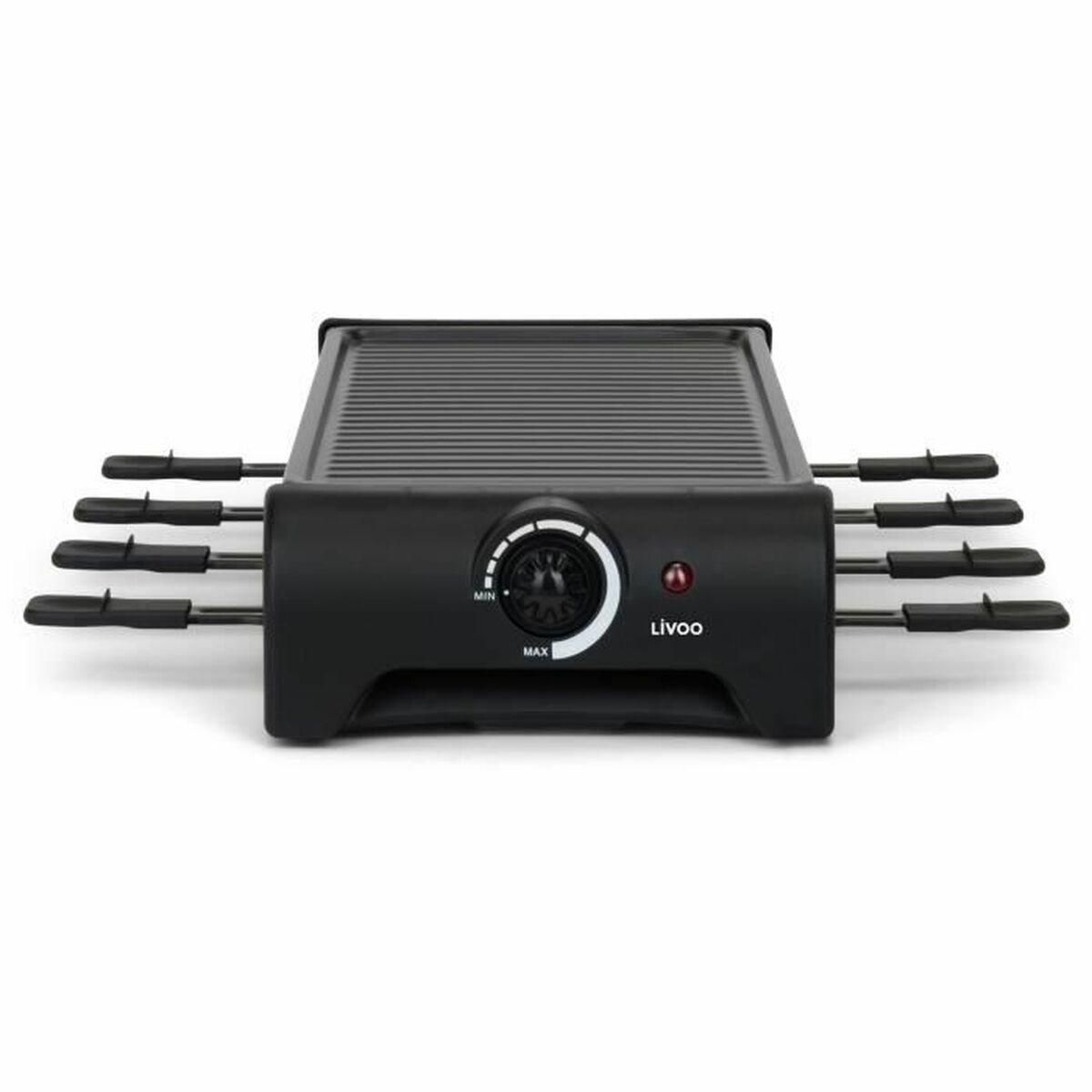 Ein schwarzer Livoo Raclette-Grill mit vier Spießen und einem Drehregler.
