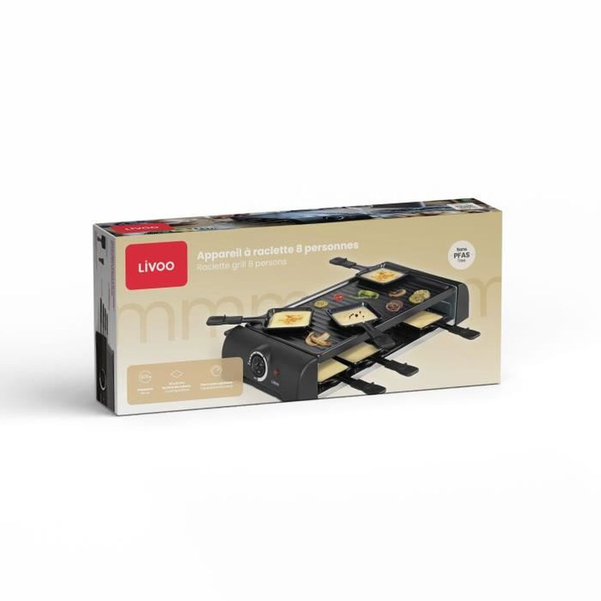 Verpackung eines Raclette-Grills für 8 Personen mit Livoo-Logo.