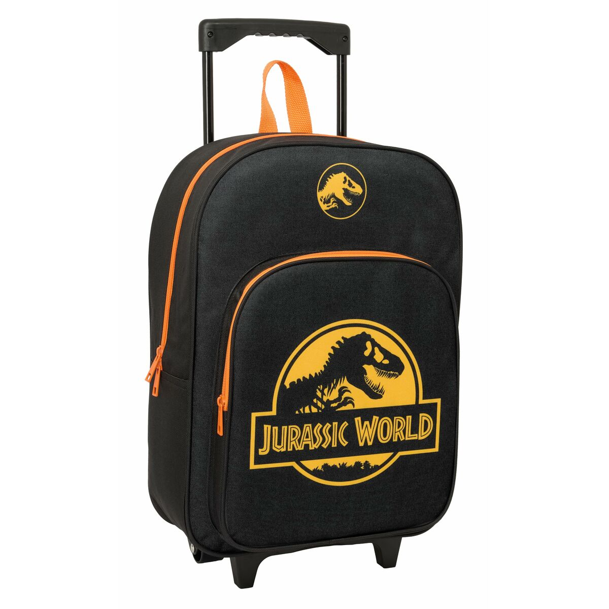 Schwarzer Rollkoffer mit Jurassic World Logo und orangen Akzenten.