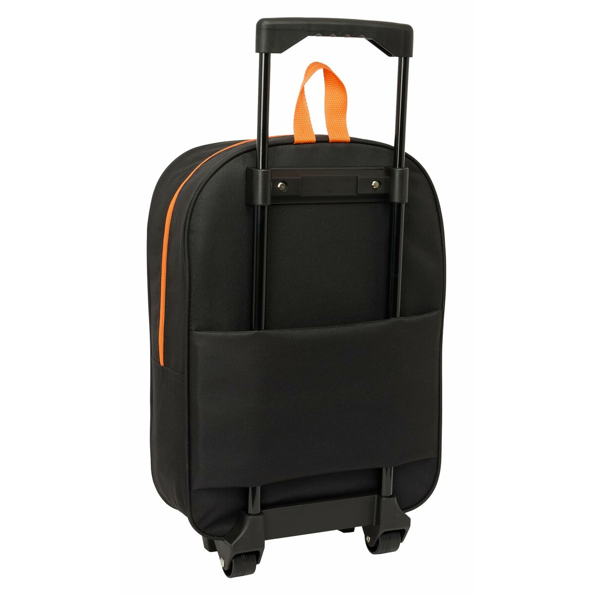 Schwarzer Rollkoffer mit orangefarbenen Akzenten und ausziehbarem Griff.