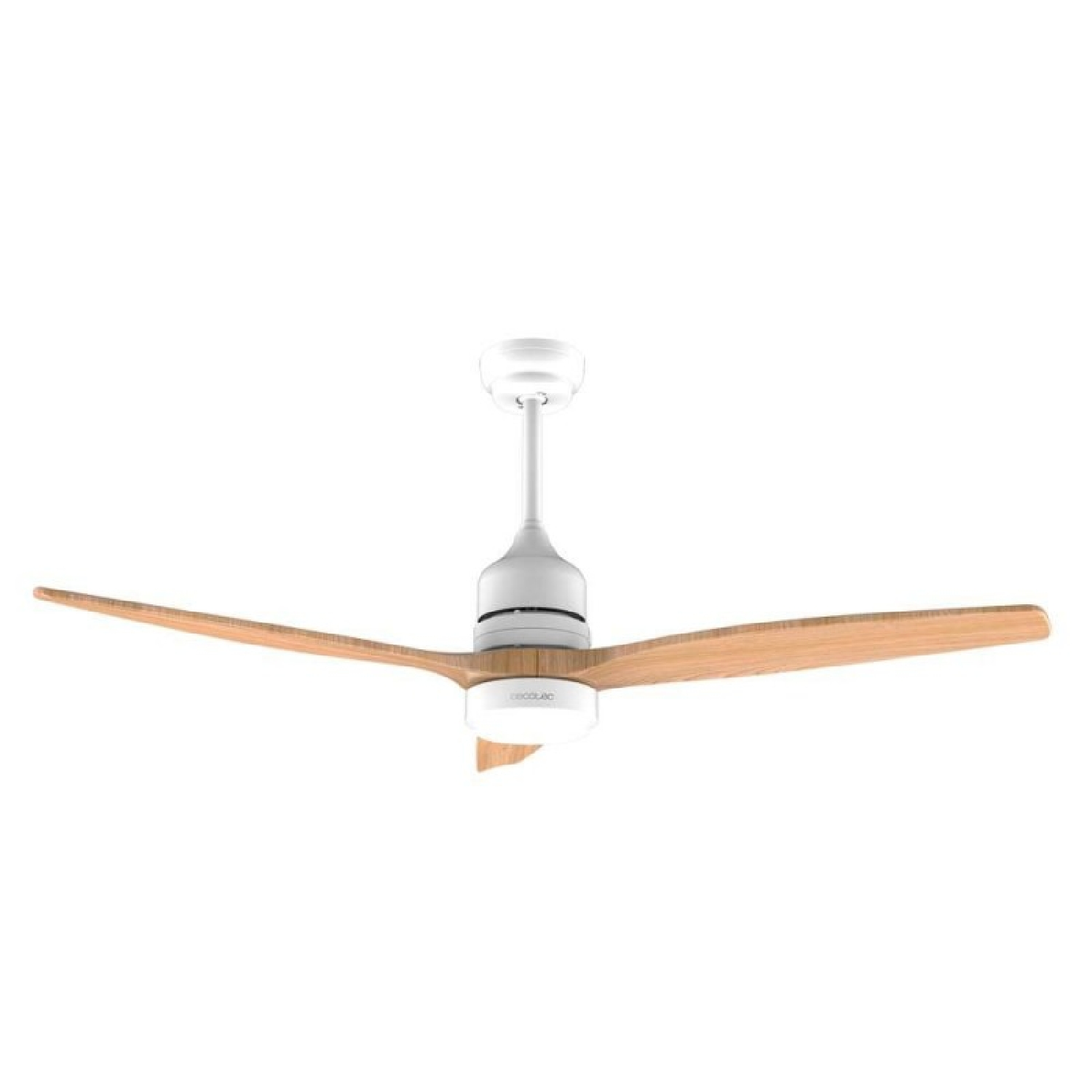 Ventilatore da soffitto moderno con pale bianche e color legno.