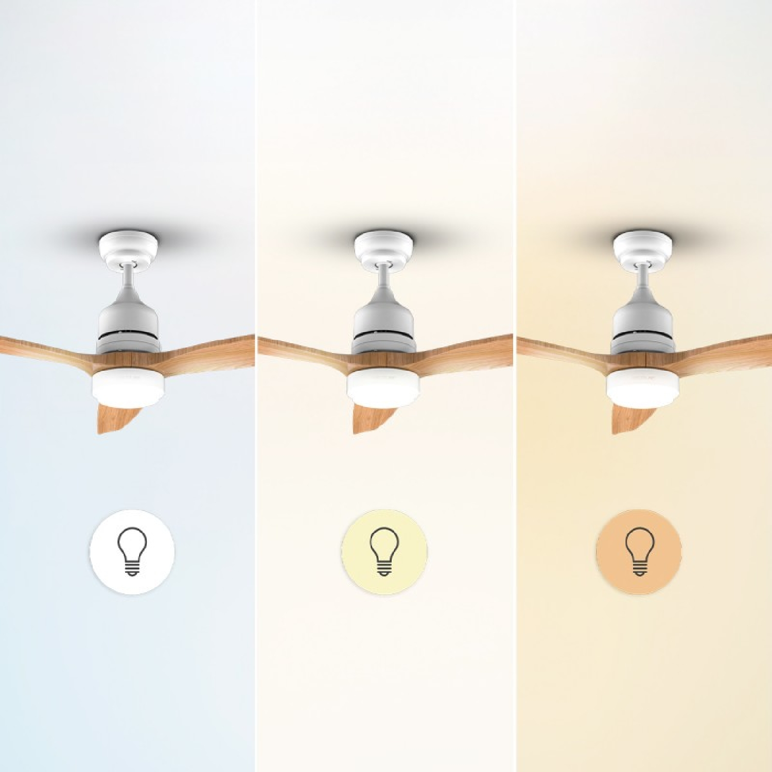 Ventilatore da soffitto con pale in legno e colore luce regolabile.