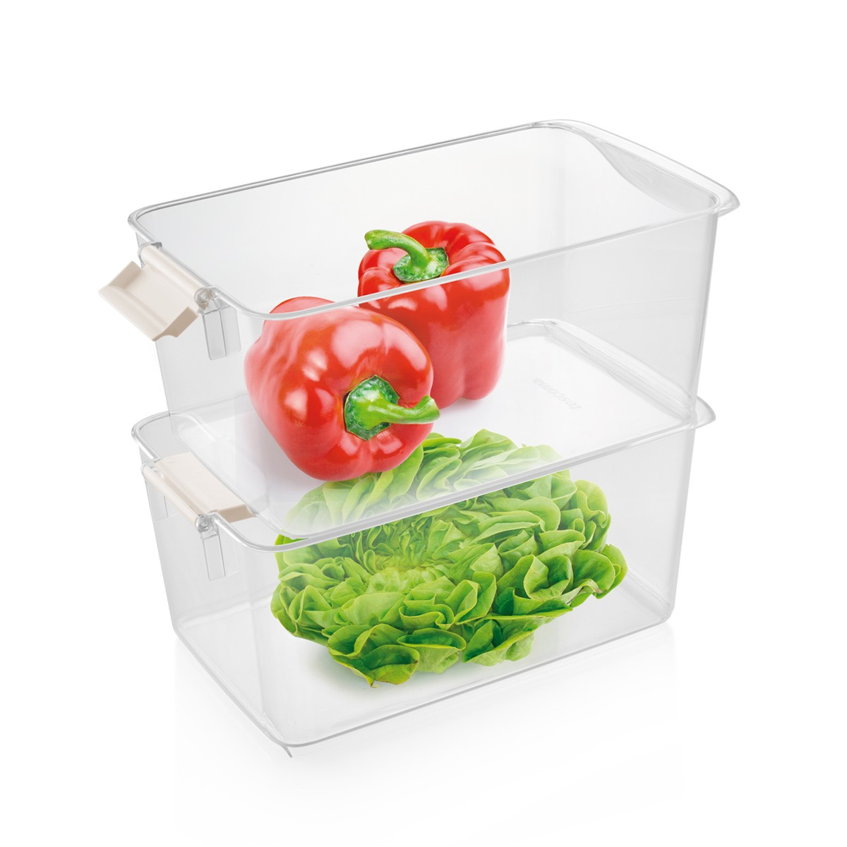 Zwei durchsichtige Behälter mit roter Paprika und Salat.