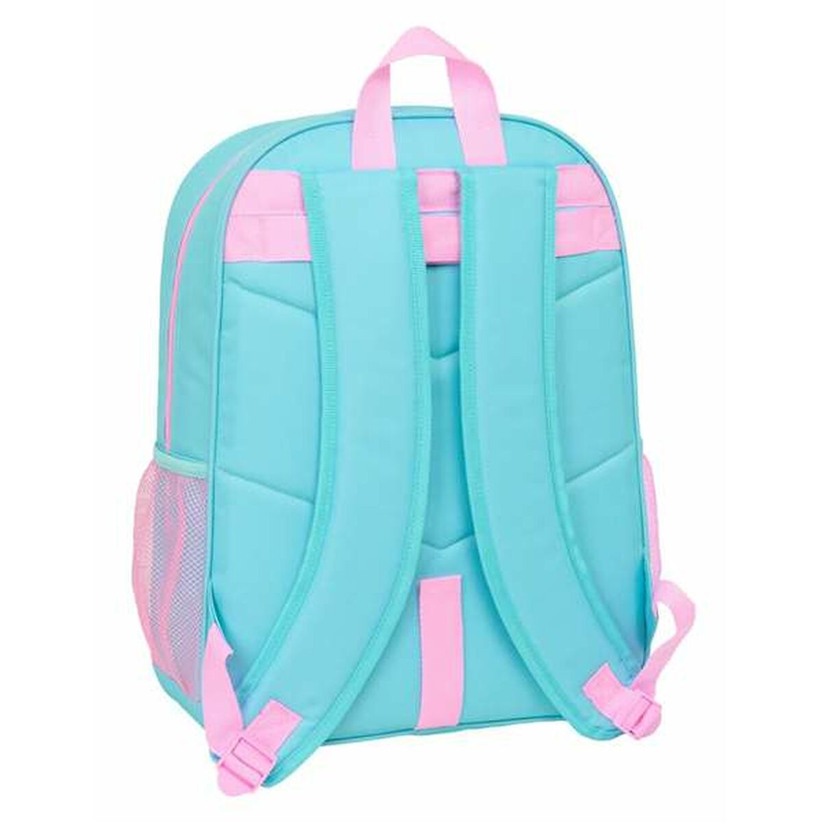Zaino azzurro con accenti rosa e tasche laterali in rete.