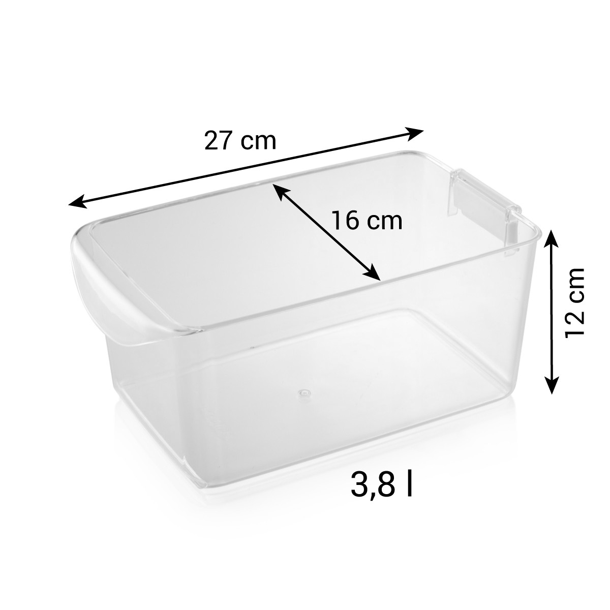 Transparenter Aufbewahrungsbehälter mit Maßen 27x16x12 cm und 3,8 l Fassungsvermögen.