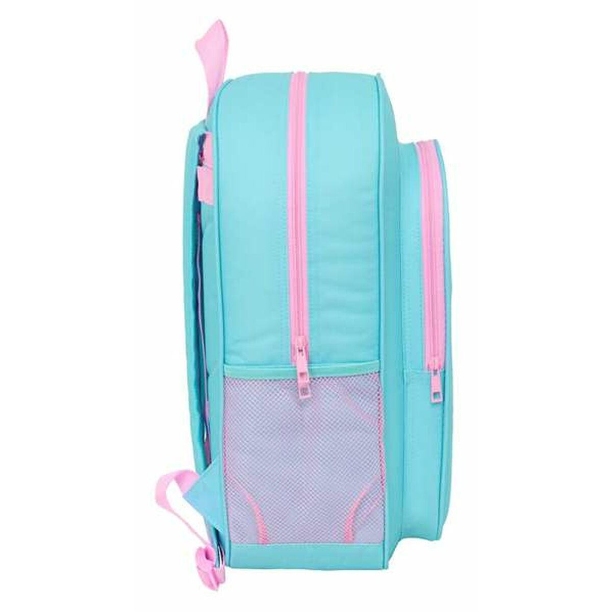 Uno zaino turchese con cerniere rosa e tasche in rete.