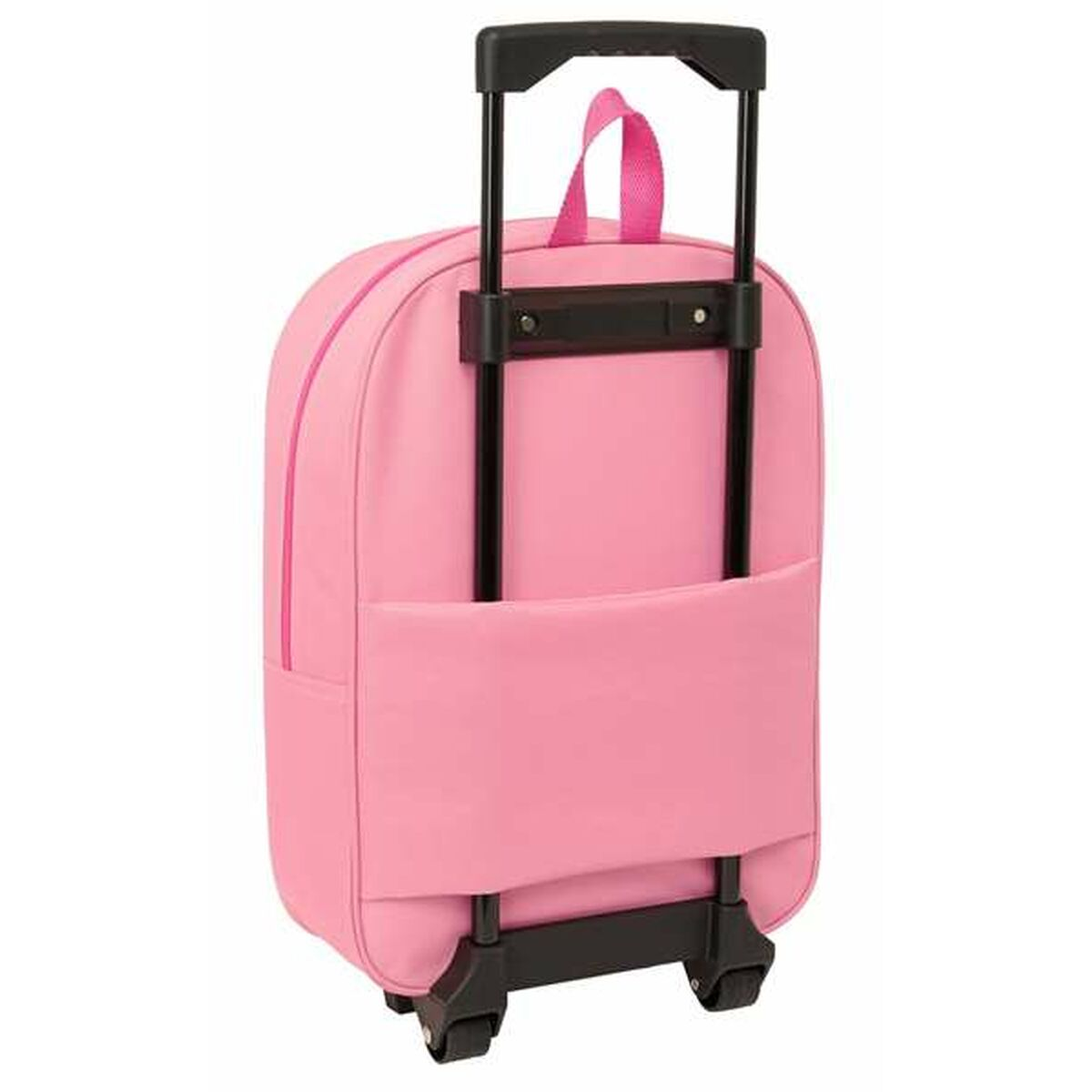 Ein rosa Rollkoffer mit schwarzem Griff und Rädern.