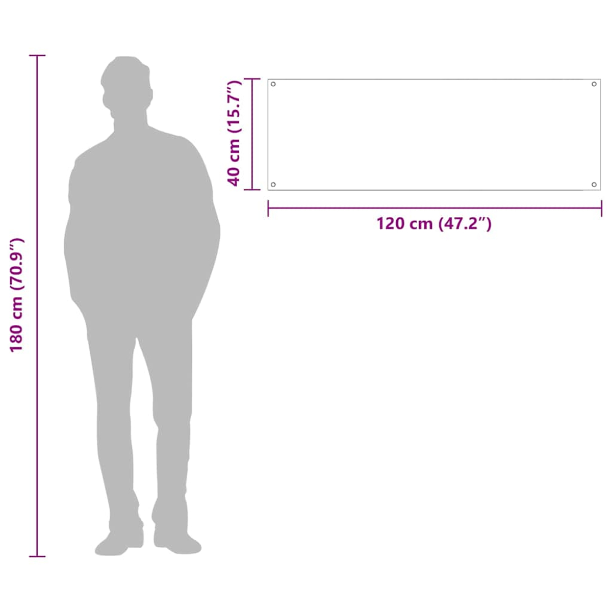Ein 180 cm großer Mensch steht neben einem Banner von 120x40 cm.