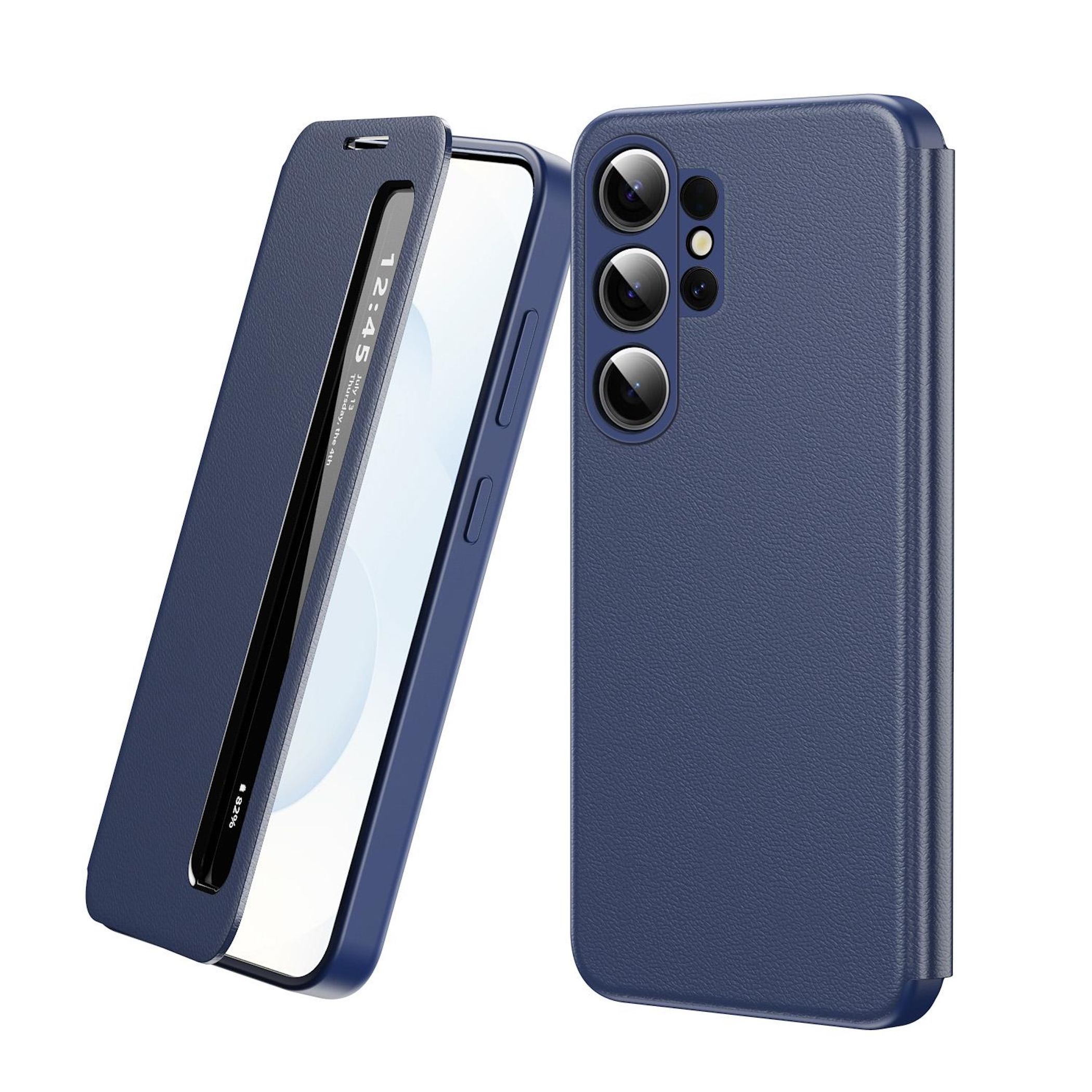 Ein blaues Handy mit einer Klapphülle und drei Kameras.