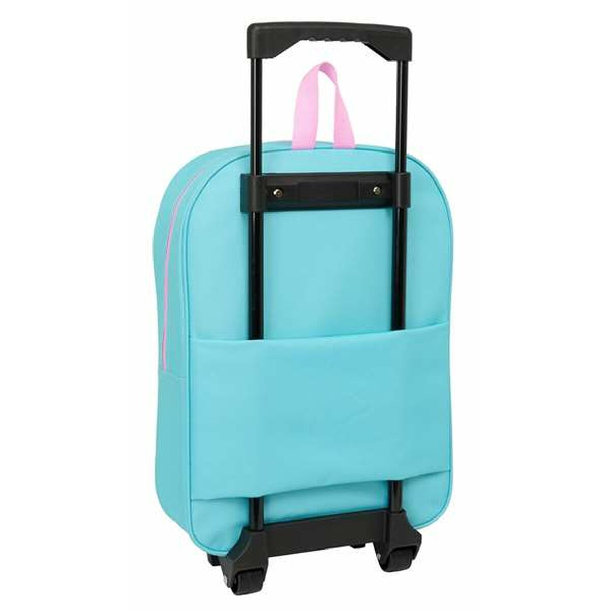 Ein türkisfarbener Rollkoffer-Rucksack mit pinken Akzenten und schwarzem Griff.