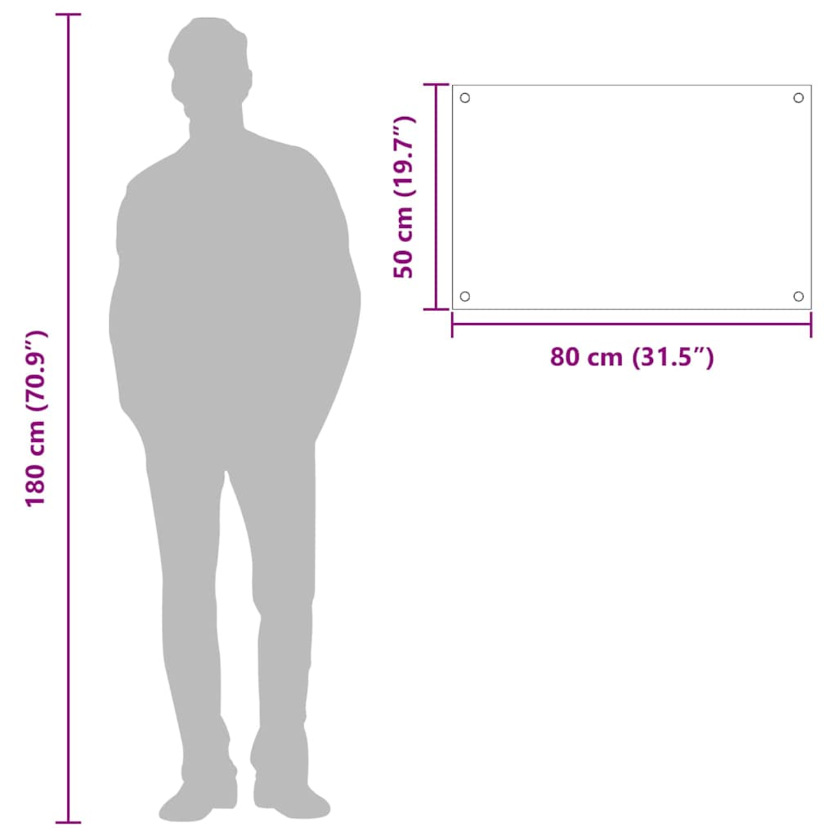 Ein Mann (180cm) neben einem Rechteck (80x50cm) mit Befestigungslöchern.