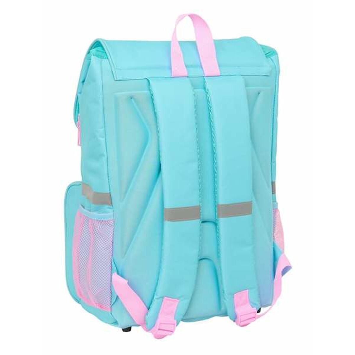 Türkiser Rucksack mit rosa Trägern, Netzseitentaschen und Reflektoren.