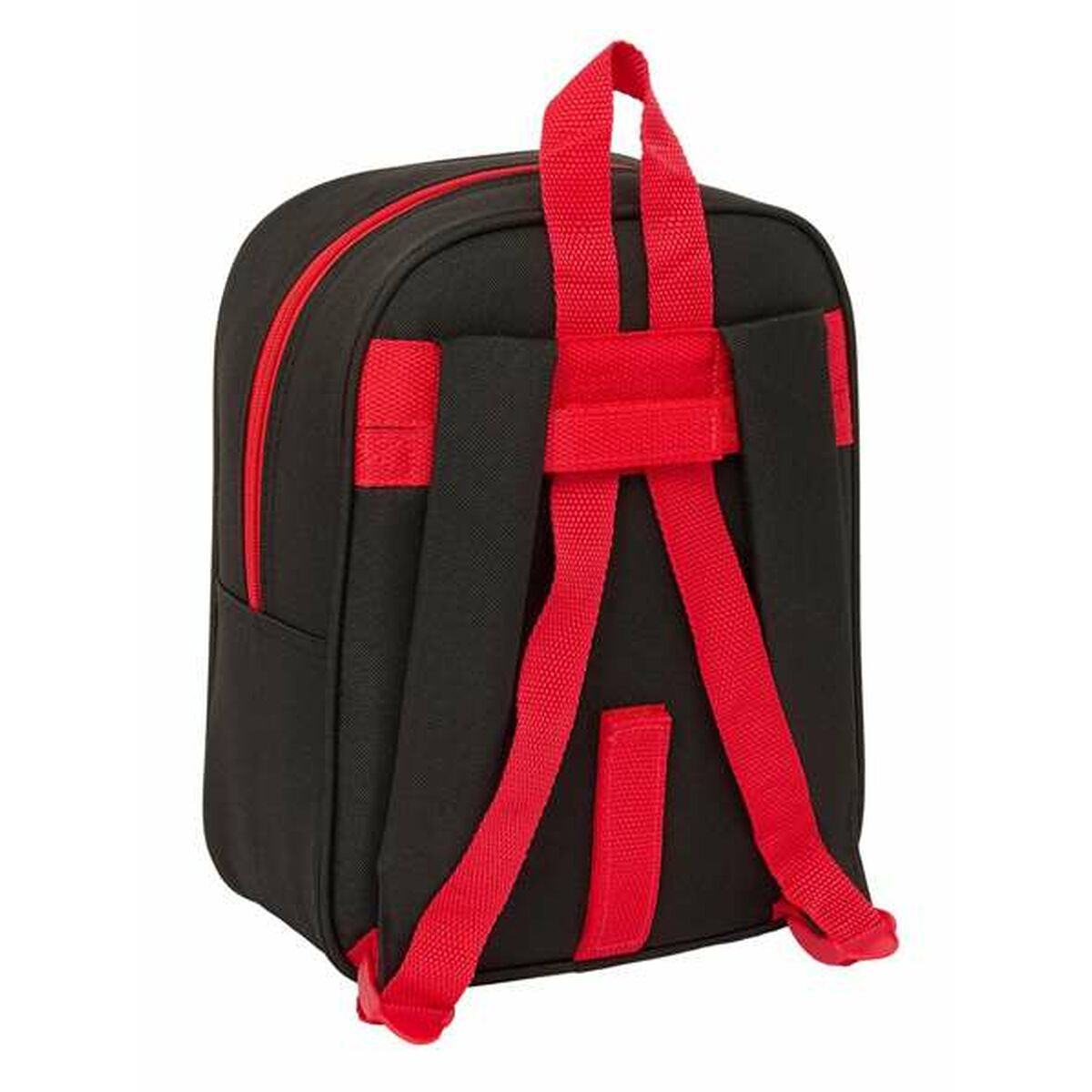 Kleiner schwarzer Rucksack mit roten Trägern und Reißverschluss.