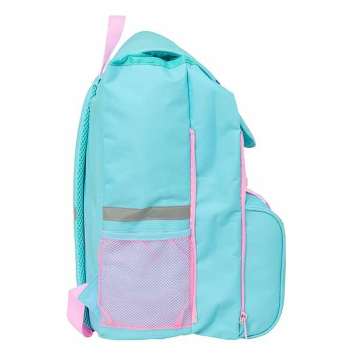 Ein hellblauer Rucksack mit rosa Akzenten, Seitennetz und Reflektorstreifen.