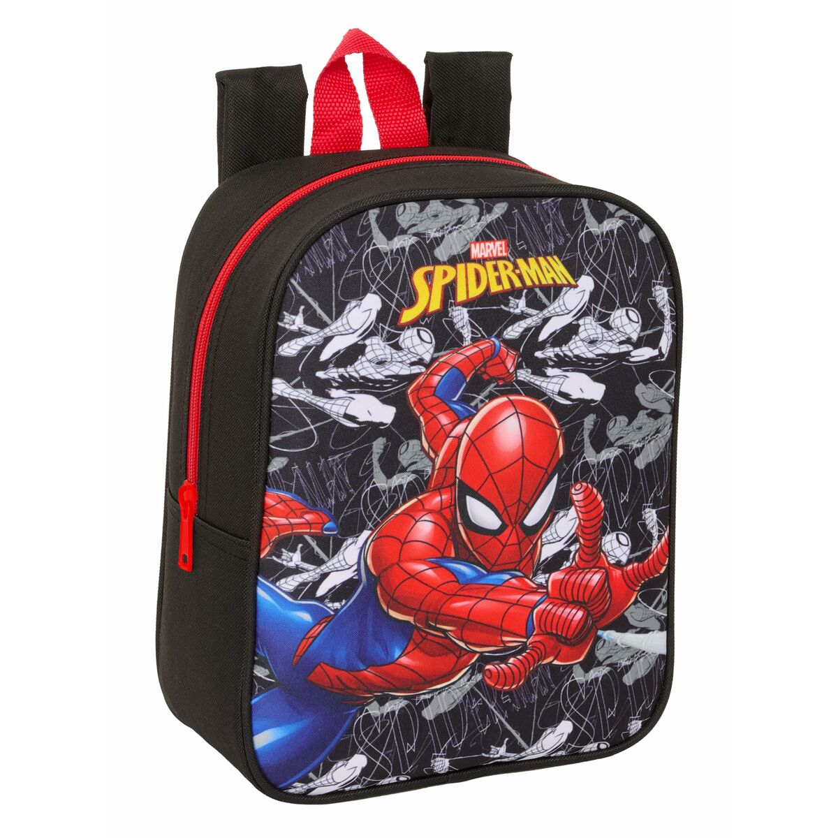 Ein schwarzer Rucksack mit Spiderman-Motiv und roten Reißverschlüssen.