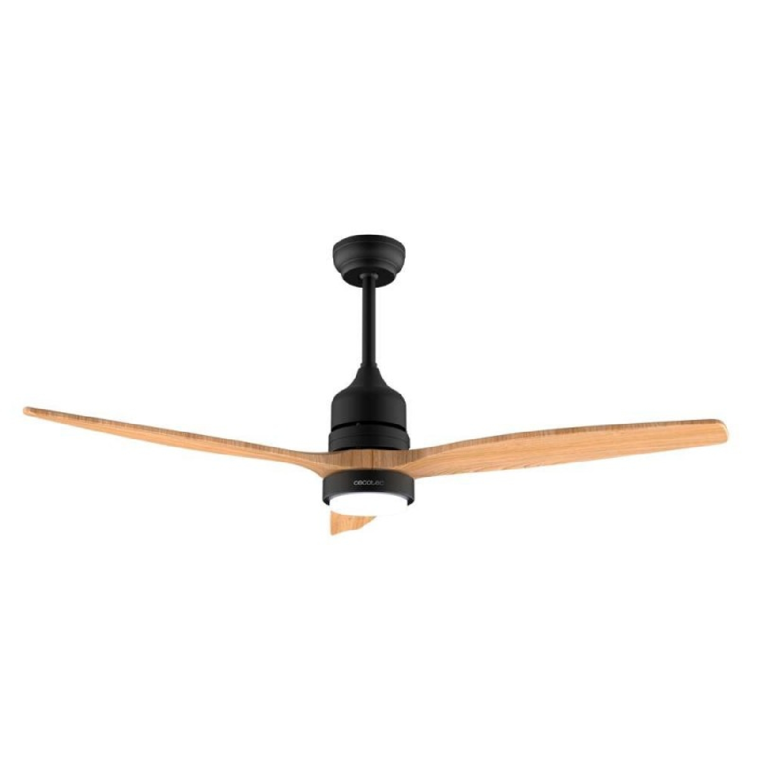 Ventilatore da soffitto nero con pale in legno e luce integrata.
