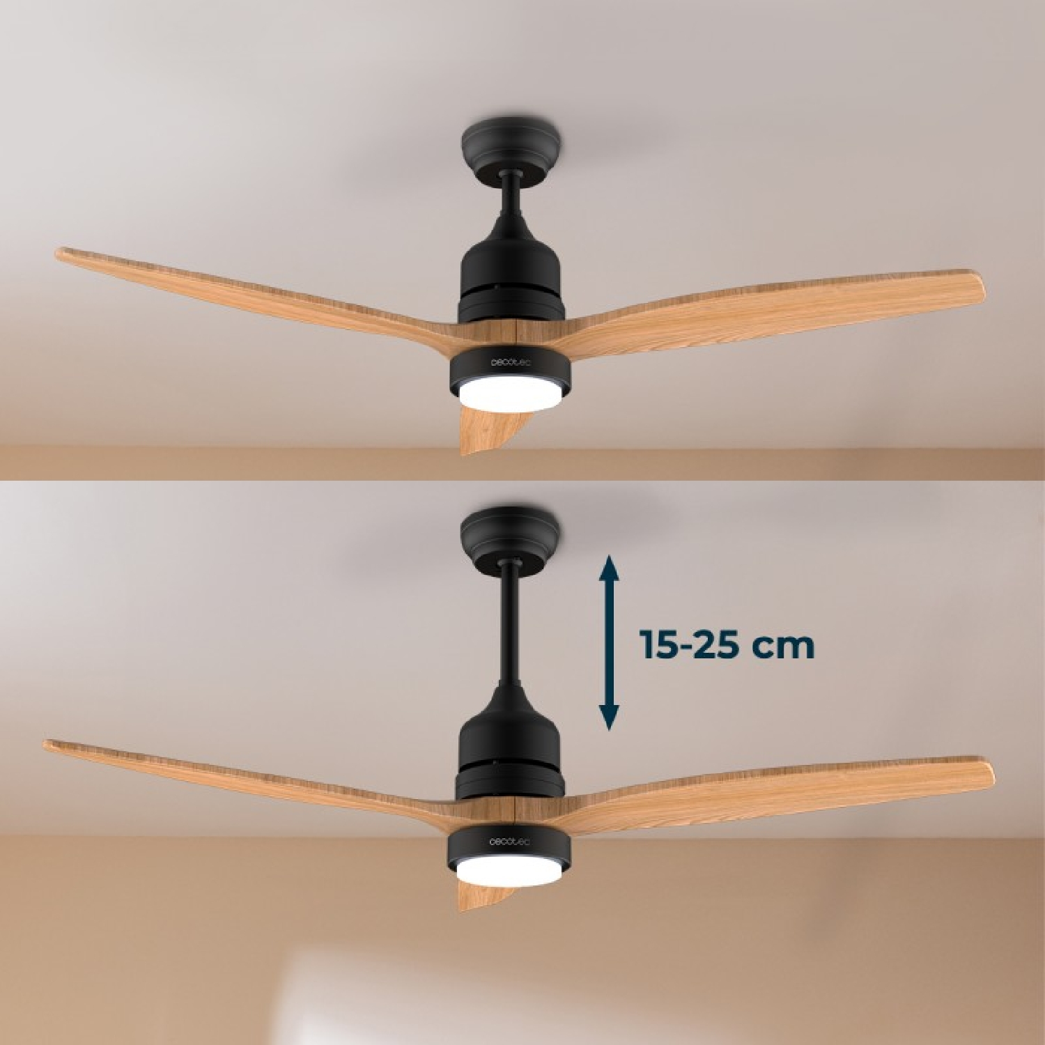 Due ventilatori da soffitto con pale in legno e luci, uno mostra indicatore di distanza.