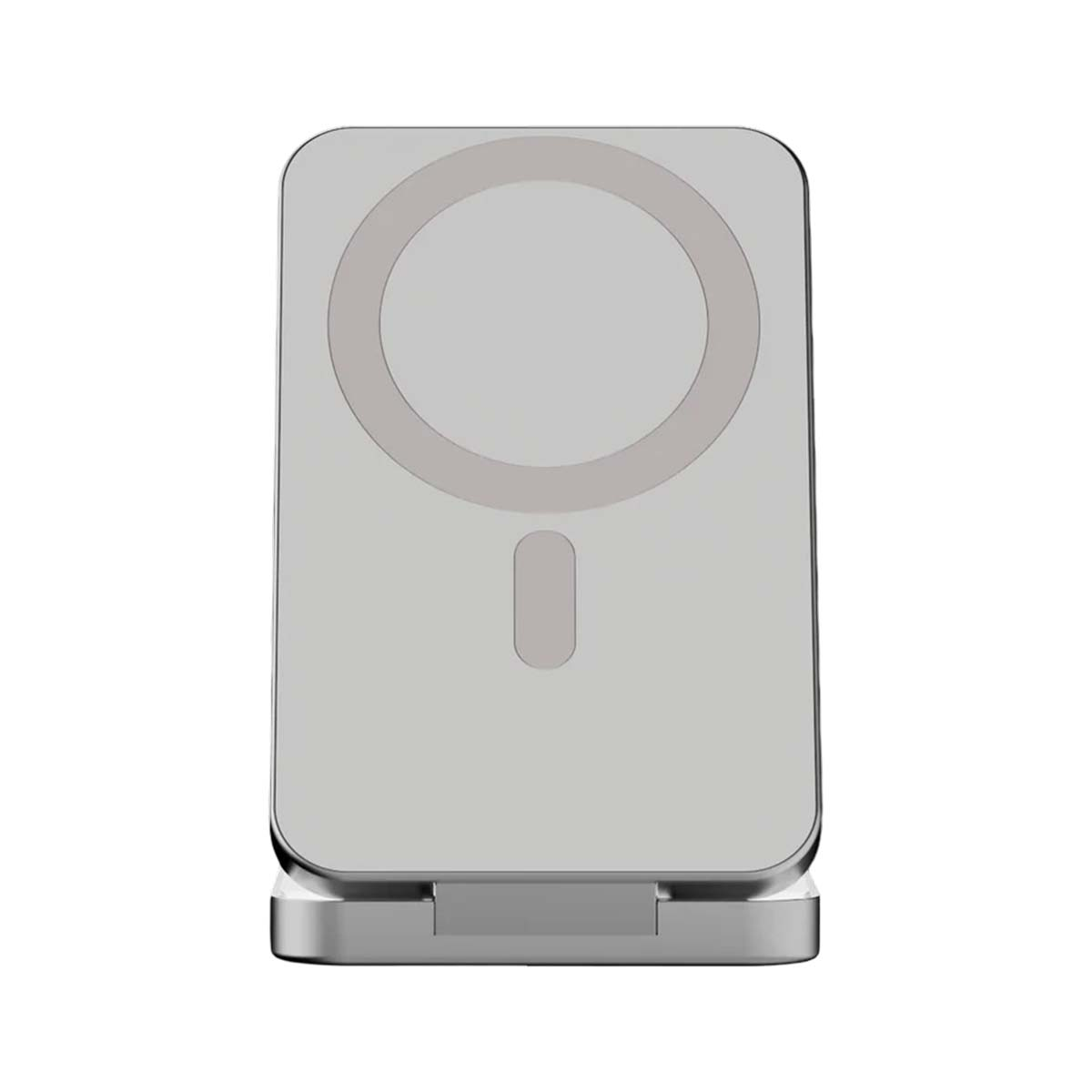 Ein silbernes MagSafe-Ladegerät steht auf einem Ständer.