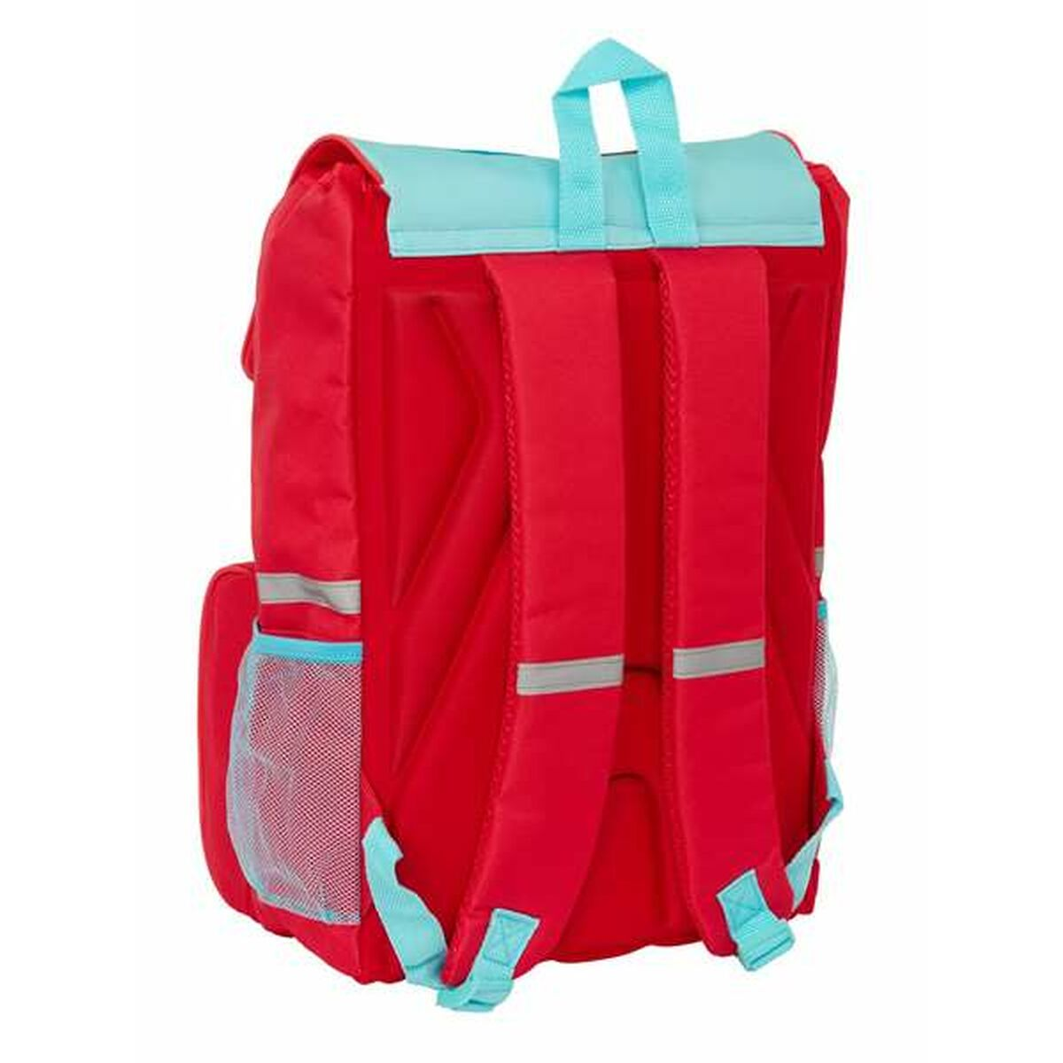 Roter Rucksack mit hellblauen Akzenten, Seitentaschen und Reflektoren.
