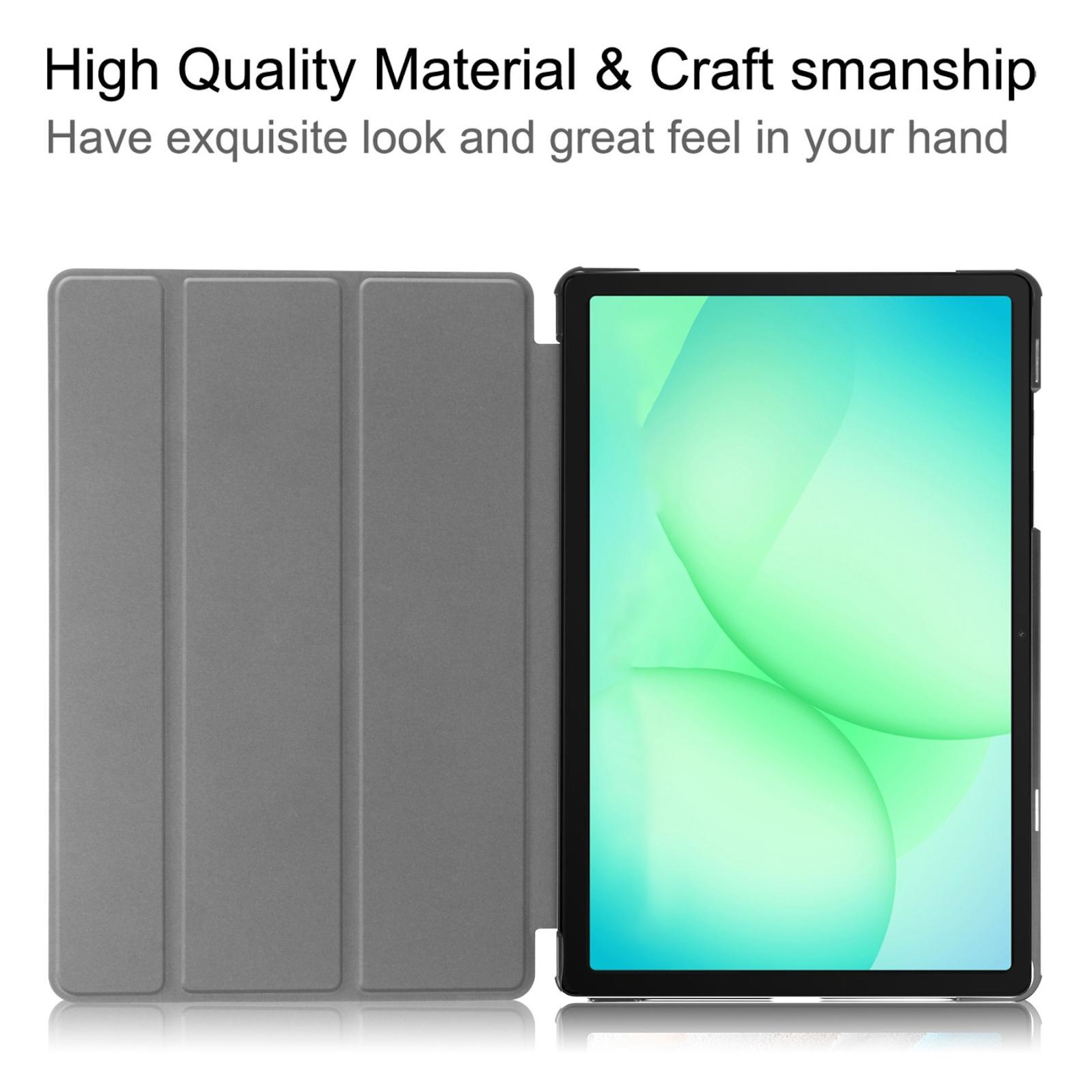 Graue Tablet-Hülle mit offenem Bildschirm, der ein grünes Muster zeigt.