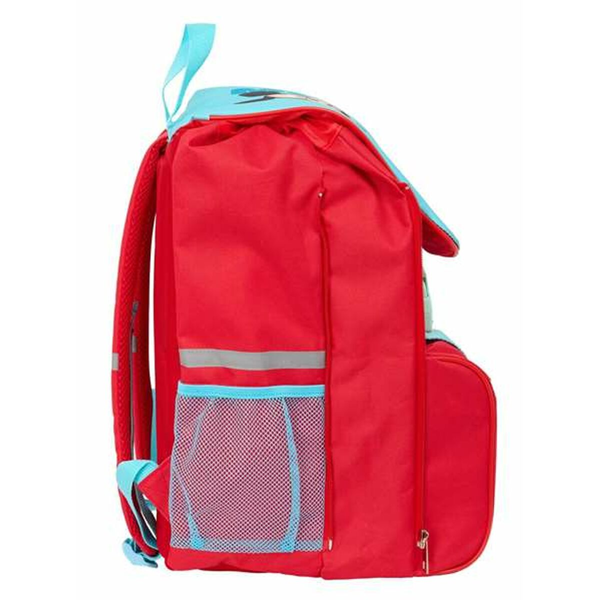 Roter Rucksack mit blauen Akzenten, Seitentasche und Reflektoren.