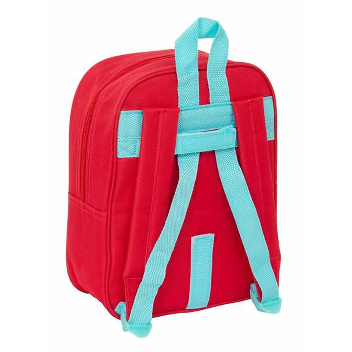 Ein roter Rucksack mit hellblauen Trägern und Schlaufen.