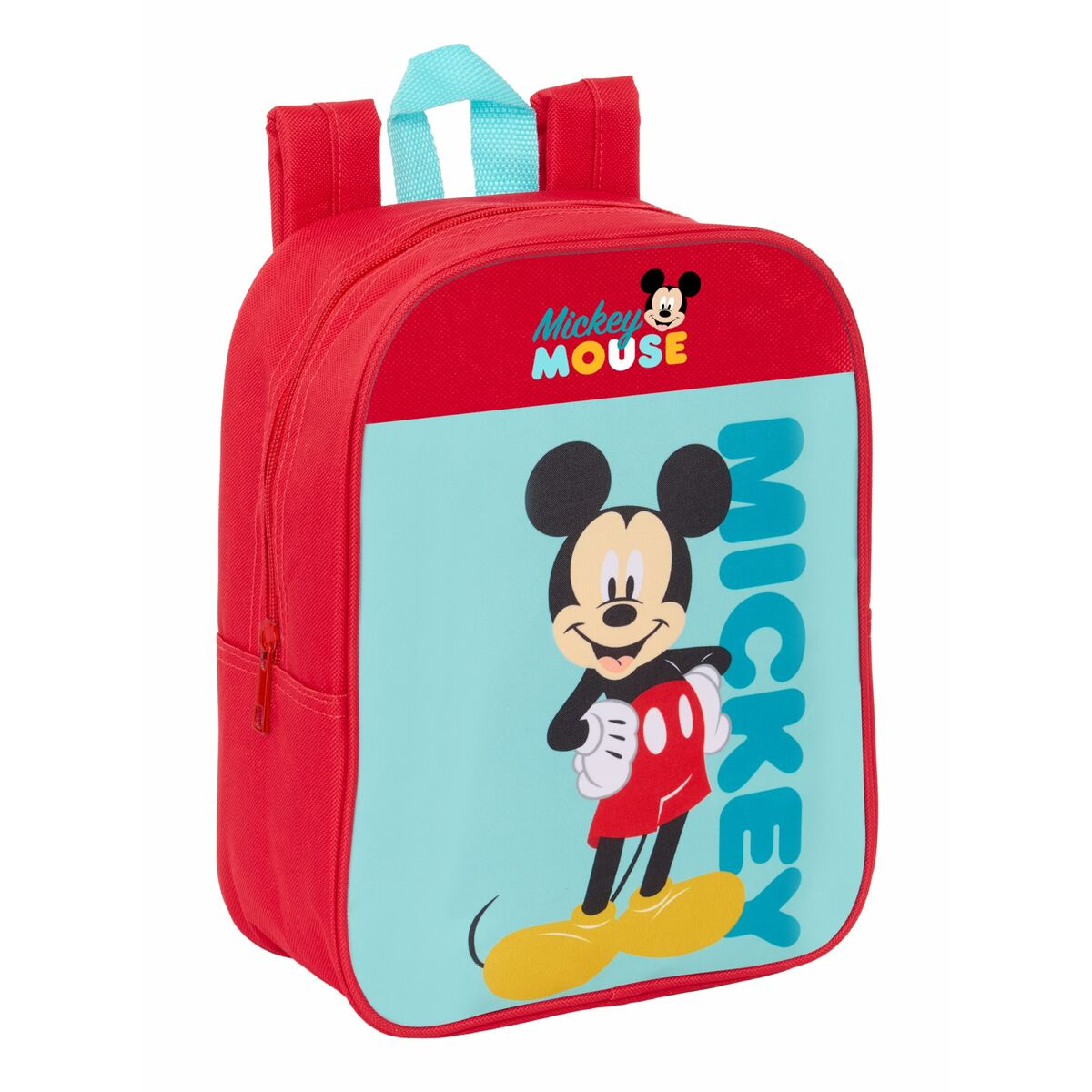 Ein roter Rucksack mit Mickey Maus-Aufdruck und hellblauem Hintergrund.