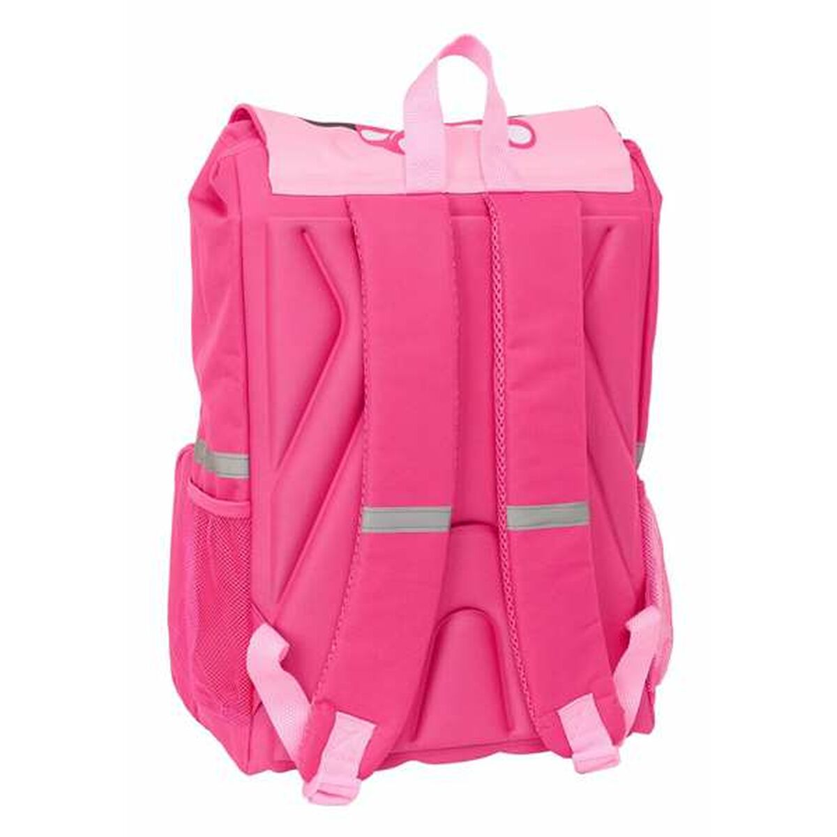 Ein pinker Rucksack mit zwei Schultergurten und reflektierenden Streifen.