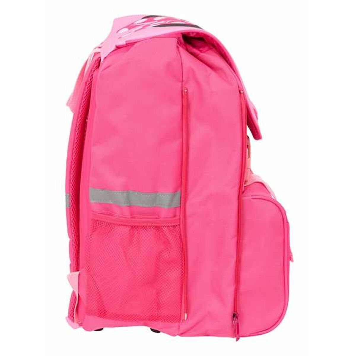 Ein pinker Rucksack mit Netzseitentaschen und reflektierenden Streifen.