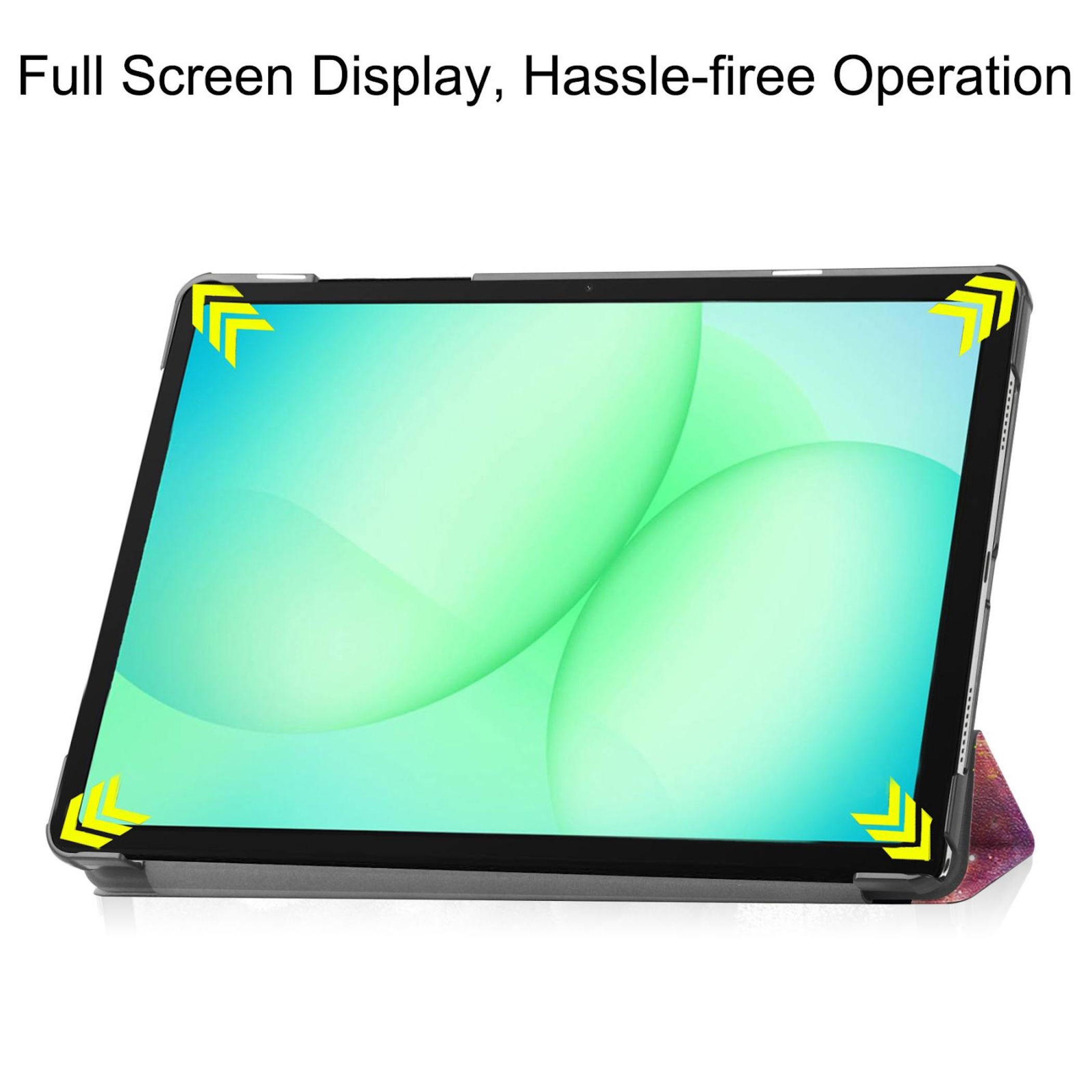 Ein Tablet mit einem hellgrünen, abstrakten Hintergrund und gelben Pfeilen an den Ecken.