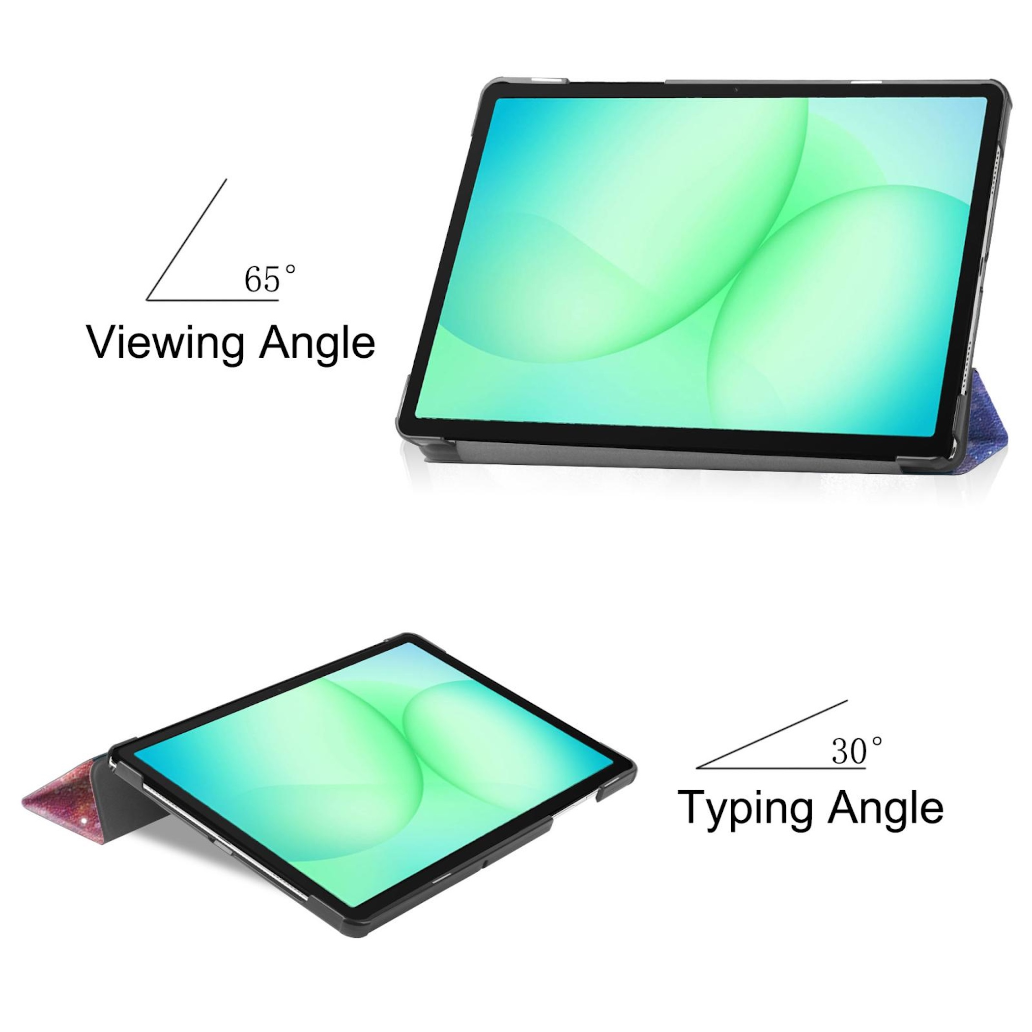 Tablet in 65° Betrachtungs- und 30° Tippwinkel mit grünem Hintergrund.