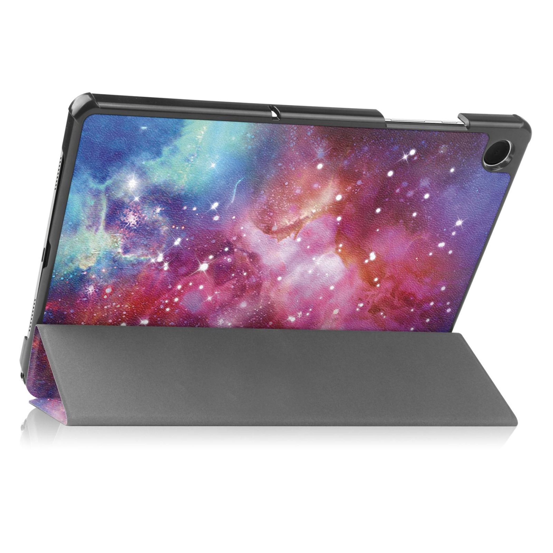 Ein Tablet in einer Hülle mit Weltraumdesign, auf weißem Hintergrund.