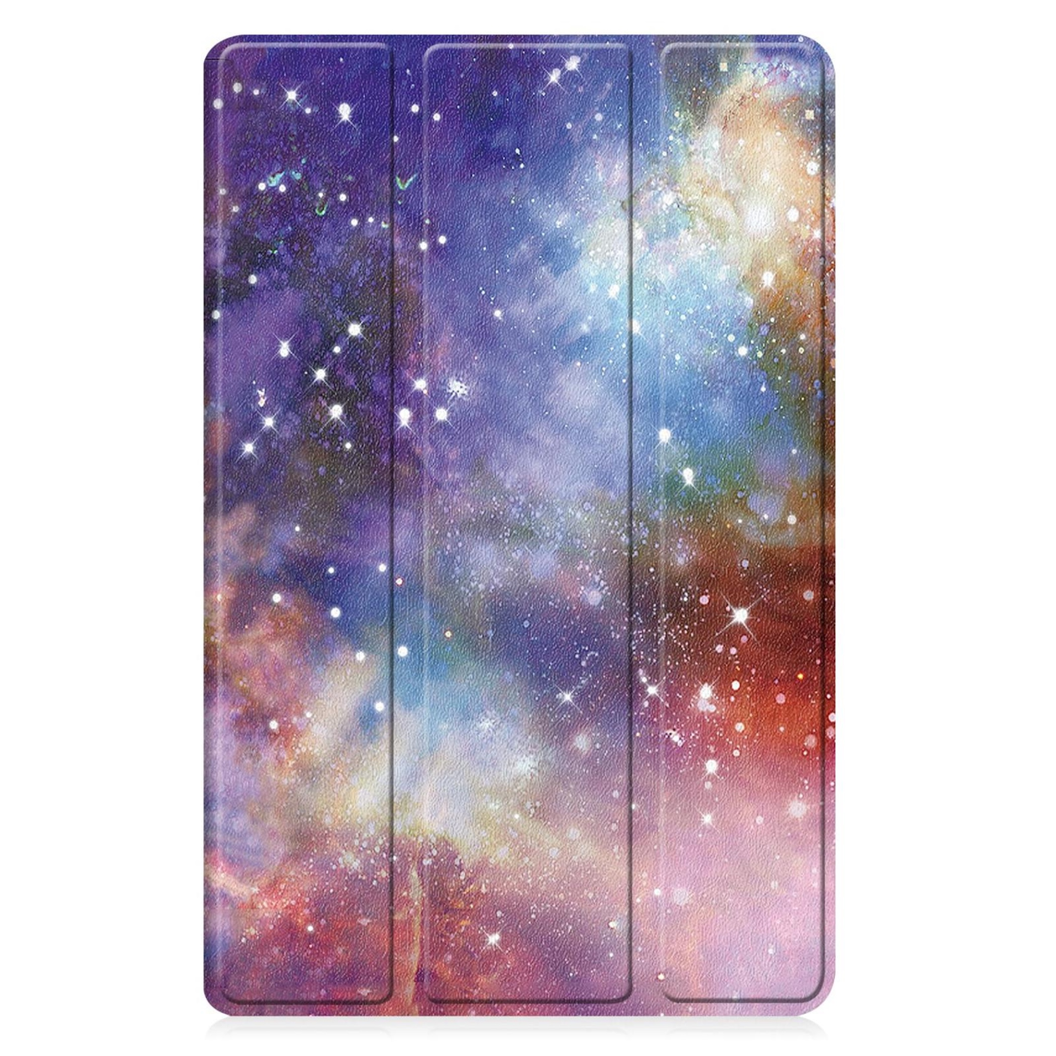 Ein Tablet-Cover mit einem Galaxiemuster in Lila-, Blau- und Rottönen.