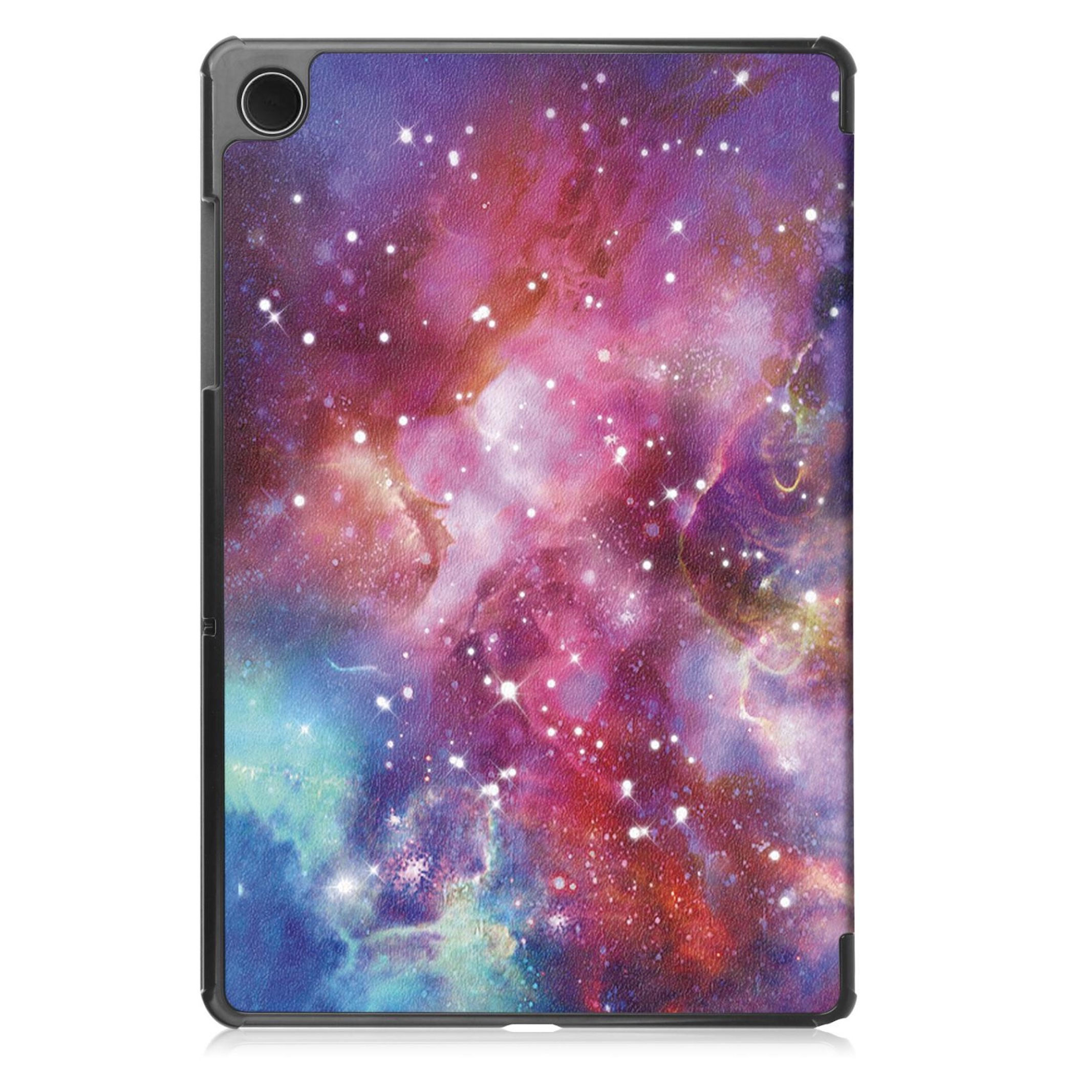 Ein Tablet-Schutzhülle mit Galaxienmuster in Lila, Rosa und Blau.
